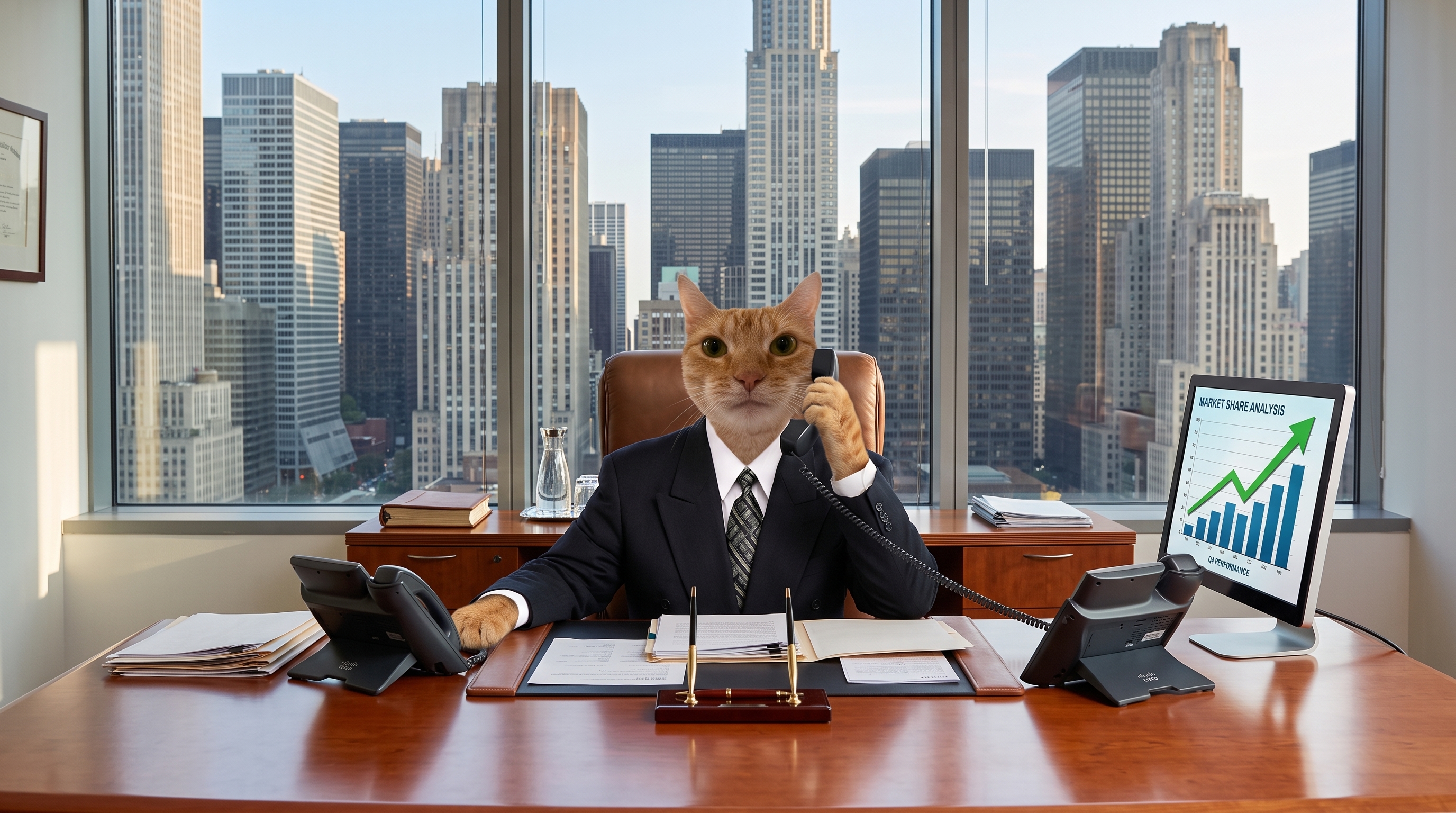 A cat-headed executive in a suit talking on the phone at a desk overlooking the city